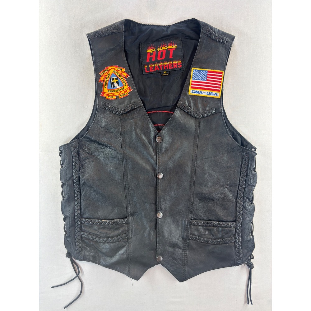 Hot Leathers Mens M Black Leather Biker Vest Christian Motorcyclists Association